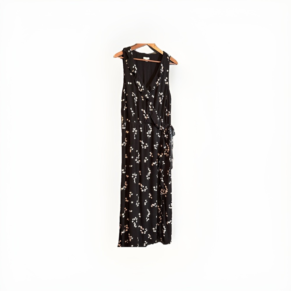 J Jill Dress Womens Medium Floral Sleeveless V-Neck Long Black Outdoor